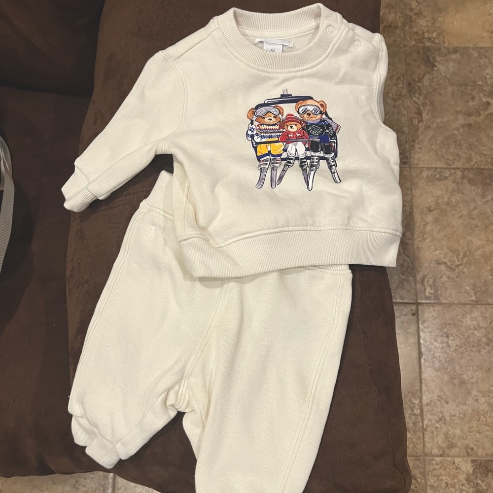 Ralph Lauren Polo Bear Family Ski Lift Sweatshirt & Pant Set Cream Sz 3months